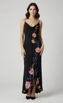 VTG Sue Wong Black Maxi Silk Embroidered Floral Dress Sz 6 Small - Image 1 of 4