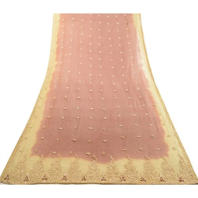 Sanskriti Vintage Dupatta Pure Chiffon Rust Orange Hand Embroidery Zardozi Stole - Image 1 of 4