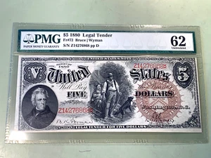 1880 $5 Legal Tender Woodchopper - PMG 62 Uncirculated - Fr. 72 Brown Seal - Picture 1 of 2