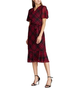 NEW LAUREN RALPH LAUREN RED BLACK BELTED MIDI DRESS SIZE 16 $165 - Picture 1 of 3