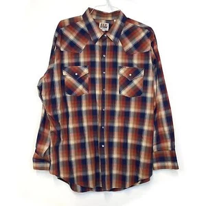 Vintage Ely Cattleman Men's Orange Blue Plaid Western Pearl Snap Shirt XXL Long - Picture 1 of 2