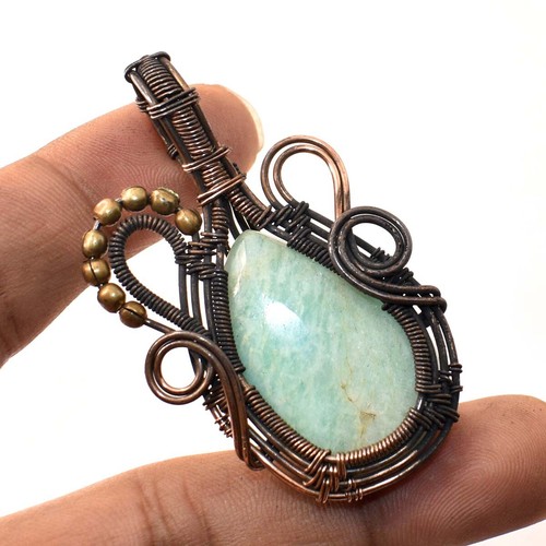 VETEMENTS Ciondolo pietra preziosa amazzonite fatto a mano antico filo avvolgente rame gioielli 2 3" k332