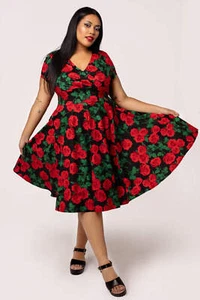Dolce Vita Dress Hell Bunny XL-6XL 16-26 Black Red Roses Floral 50s Swing - Picture 1 of 12