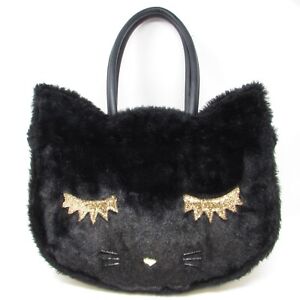 Betsey Johnson Furry Black Cat Handbag Gold Large Purse Straps Glitter Fuzzy