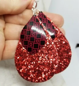 Red Glitter Double Sided FAUX Leather Teardrop Earrings with Red and Black Metal - Picture 1 of 5