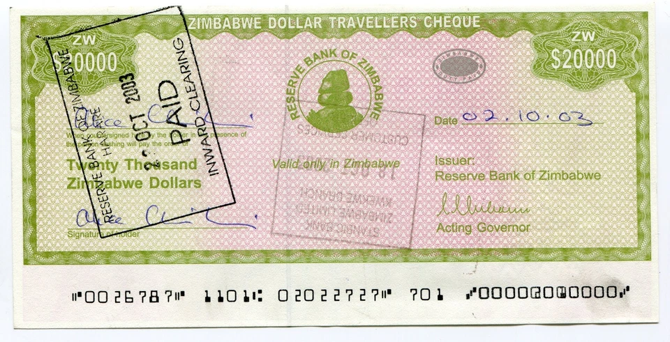 Zimbabwe Dollar Travellers Cheque 20 000 MICR Error P18 Double Stamped  - Image 1 of 4