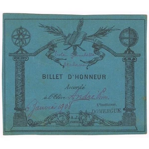 BILLET D'HONNEUR attribué à André Pierre par l'instituteur A. Domergue Janv 1908 - Picture 1 of 1