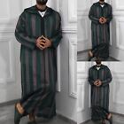 Male Men Robe Clothes Spring Striped Arabic Vintage Thobe V Neck Dubai
