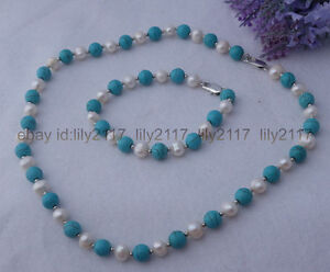 AAA+ natural 8mm blue turquoise & 7-8mm white pearl necklace bracelet set 18''