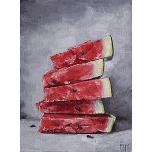 Watermelon Oil Painting, Melon Slices Still Life Art, ORIGINAL Kitchen Art, 6x8" - Picture 1 of 6