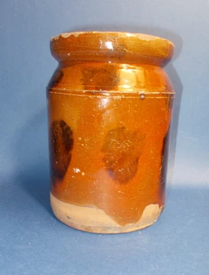 Antiguo tarro de cerámica Redware mancha de manganeso principios del siglo XIX Foto 1 de 4