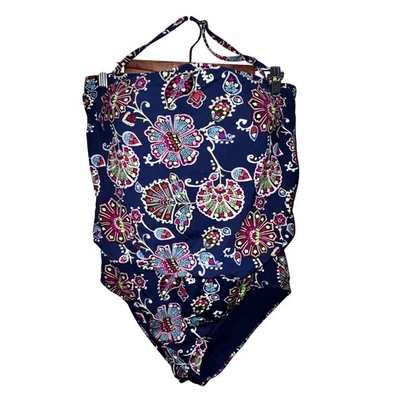 Liz Claiborne Navy Floral Print One Piece Swimsuit Tummy Control Size 14 - Image 1 of 4