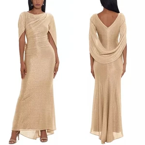 Neu mit Etikett Betsy & Adam Größe 4P gold metallic Cape hinten langes Cocktail Abendkleid formell - Bild 1 von 7