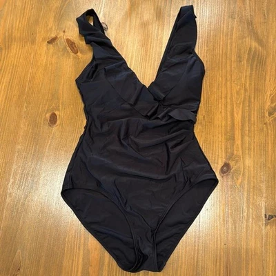 Traje de baño Chaps negro con volantes cuello en V con fruncido lateral favorecedor talla 12 nuevo sin etiquetas Foto 1 de 4
