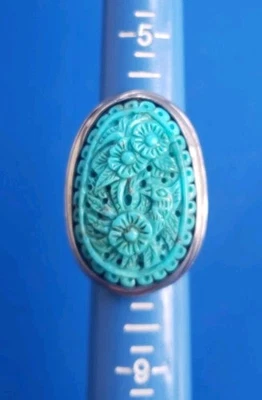 复古纯银 925 绿松石戒指带鸟/花朵设计。 7码  — 第 1/4 张图片