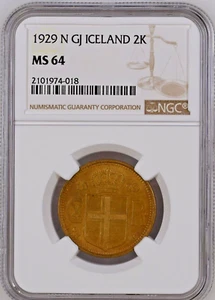 1929 N GJ Iceland 2 Kronur NGC MS64 2 Krónur KM# 4.1 Christian X Keydate Graded - Picture 1 of 5