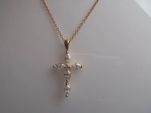 14K Yellow Gold Marquise DQ Cz Cross Pendant and Necklace 2.63g - Picture 1 of 11