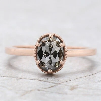 1.06 Ct Natural Oval Salt And Pepper Diamond Ring 14K Rose Gold Engagement Ring - Image 1 of 4