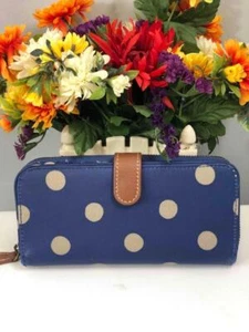 CATH KIDSTON Navy Blue Polka Dot Coated Canvas Large Bi-fold Continent Wallet - Picture 1 of 7