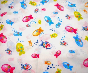 Cotton Fabric 1 5/8 Yard Cute Pink Blue Green Fish Bubbles White Children #C - Picture 1 of 2
