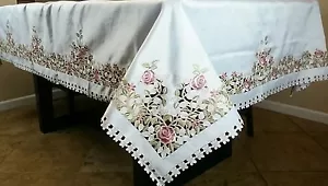 72x126 Stickerei Blumen Rosa Grün Rose Cutwork Tischdecke Serviette Elegant Leinen - Bild 1 von 7