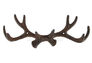Deer Antler Coat Rack Key Hooks Hat Towel Cast Iron Wall Mount Cabin Lodge Brown - Picture 1 of 1