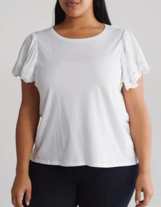 Top T Tahari all'uncinetto manica svasata cotone/modal bianco nuovo con etichetta $58 - Foto 1 di 4