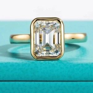 Moissanite 3.50 CTW Emerald Cut 14K Yellow Gold Plated Wedding Engagement Ring - Picture 1 of 10