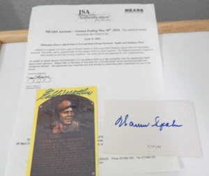 WARREN SPAHN Index Card EDDIE MATHEWS Hall of Fame Postcard Signed JSA Letter - Picture 1 of 9