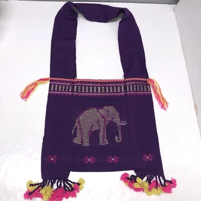 Boho Ethnic Embroidered Tote Shoulder Bag Elephant Purple Festival Tassel ACWC - Image 1 of 4
