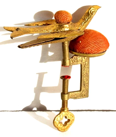 RARE Antique ORIGINAL Vintage Victorian Sewing Bird Clamp brass Pin Cushion Cover