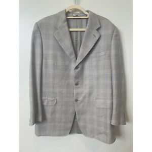 Canali men's 3 button blazer lightweight grey windowpane linen silk wool Sz 54R
