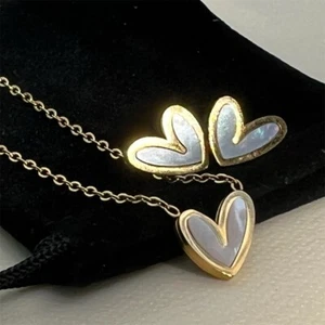 18K Gold Plated Mother Of Pearl Heart Necklace SET stainless Womens jewelry - Picture 1 of 6