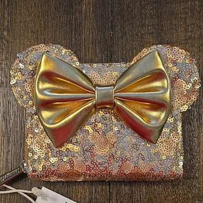 Cartera Loungefly Dorada Minnie Mouse Lazo Lentejuelas Parques Disney Nueva con Etiquetas Foto 1 de 4