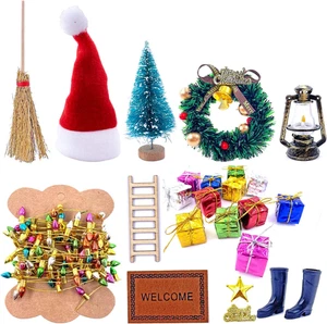 22Pcs Doll House Christmas Decoration Fake Light String Hat Wreath Mini Tree Gif - Picture 1 of 12