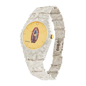 925 Sterling Silver Nugget Link Band Geneve Guadalupe Diamond Watch 7.5-8" 45g - Picture 1 of 6
