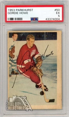 Tarjeta de hockey Gordie Howe 1953 Parkhurst #50 PSA 5 Foto 1 de 2