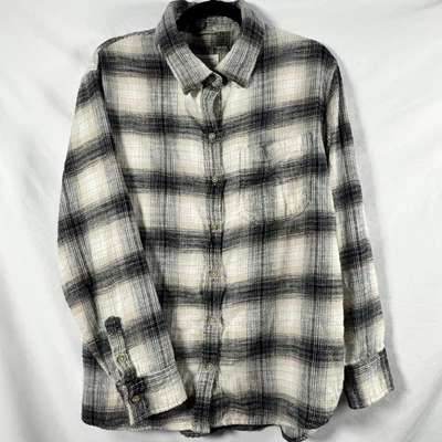 American Eagle Women’s Plaid Distressed Flannel Black Tan Size Large Cozy Boho - Image 1 of 4