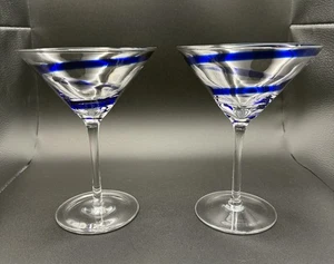 Pier 1 Cobalt Blue Swirl Martini Glasses Set of 2 Elegant Cocktail - Picture 1 of 5
