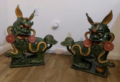 Par De Colección De Perros Foo Guardianes Grandes Yin & Yang Esmaltados de Terracota China Foto 1 de 4