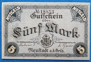 08 216 Notgeld Stadt Neustadt a.d.Orla 5 Mark, 16.11.1918, KN schwarz 5-stellig - Bild 1 von 2