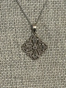 Floral Marcasite Sterling Silver Pendant 18" Chain Necklace Thailand - Picture 1 of 6