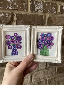 Original 2er Set abstrakte Blumen Miniatur, klein, 3/4 Gemälde auf Papier, gerahmt - Bild 1 von 6