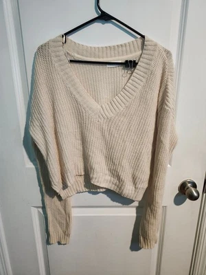 Suéter de punto a ganchillo crema inclinable completo para mujer cuello en V manga larga boho informal Foto 1 de 4