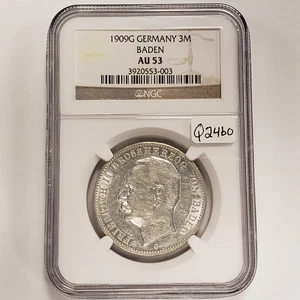 1909-G German States Baden 3 Mark  .4823 oz ASW - NGC AU 53 - SKU-Q2460 - Picture 1 of 6