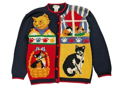 Cárdigan Suéter Vintage Alexandra Bartlett Hecho a Mano Tejido Talla Mediana Gatos Foto 1 de 4