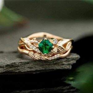 14k Yellow Gold Finish 1.40Ct CushionSimulated Emerald Solitaire Engagement Ring - Picture 1 of 5