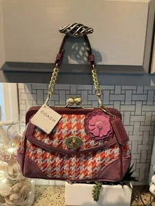 COACH Vintage Hamilton Houndstooth Framed Kisslock Suede Leather Pink 8F45 - Picture 1 of 15