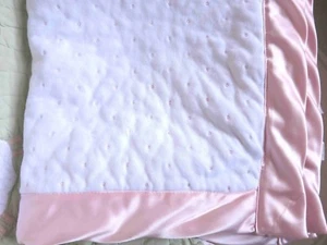 Little Me White Cotton Pink Sewn Dots Quilted w Satin Edge Baby Girl Blanket EUC - Picture 1 of 3