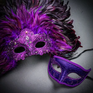 Masquerade Couple Party Men Eye Mask w/ Women Large Feather PURPLE Costume Mask - Picture 1 of 7